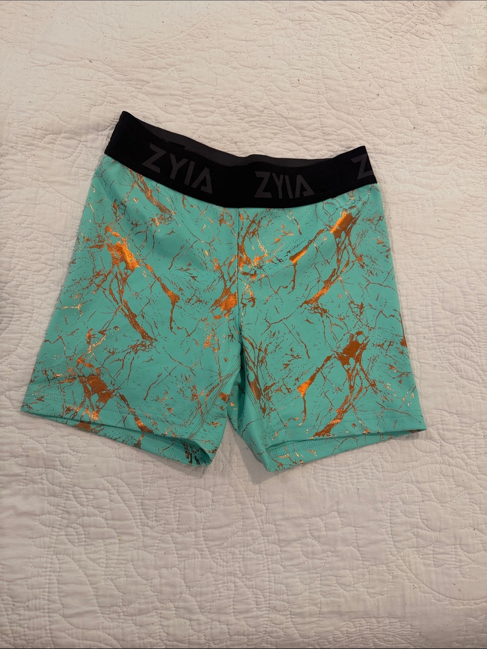 ZYIA Aqua Shorts with Metallic Gold Marble Accents